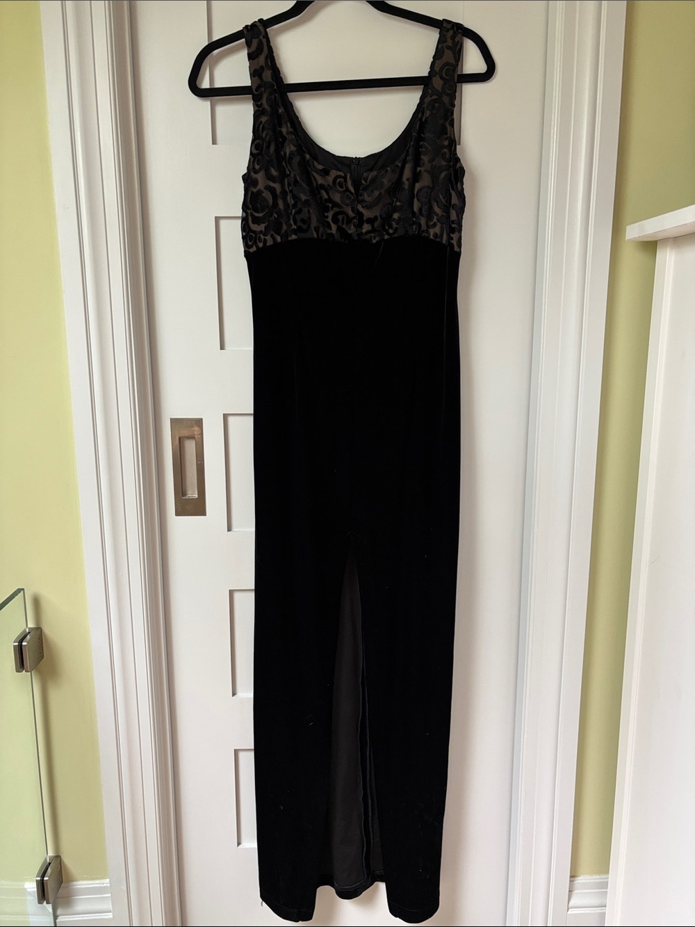 Black Velvet Maxi Dress with Embroidered Scoop Bodice